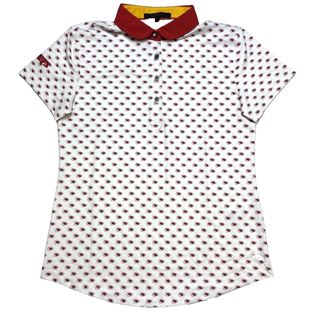Greyson Women's Golf Polo Size Small Shirt KC Chiefs AOP White Short Sleeve
